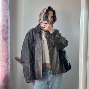 Vintage Worn Leather Bomber Jacket Brown Faded Distressed Oversized Biker Coat